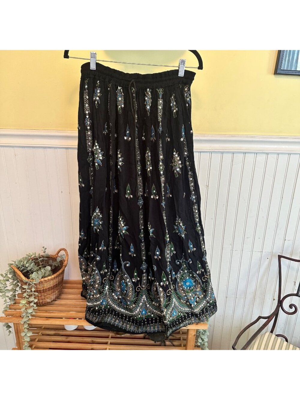 Black Embroidered Maxi Skirt With Blue & Green Floral Design Elastic Waist Draws
